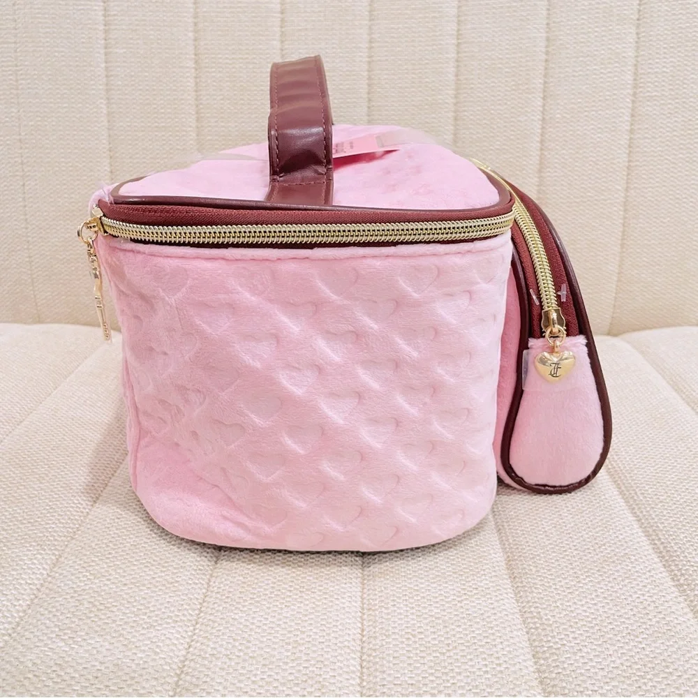 NEW Juicy Couture Pink Velour‎ Heart Embossed Makeup Train Case & Pouch Set